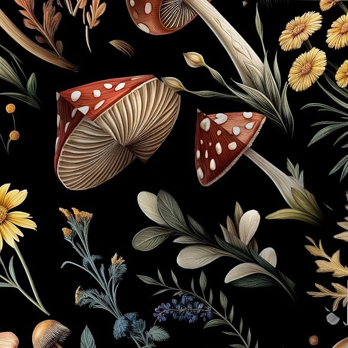 Vintage Mushroom Shower Curtain, Witchy Aesthetic Black Boho Floral Retro Botanical Shower Curtain Set, Fairy Dark Wildflower Plant Decorative Farmhouse Bathroom Accessories Curtain with Hook 36X72IN