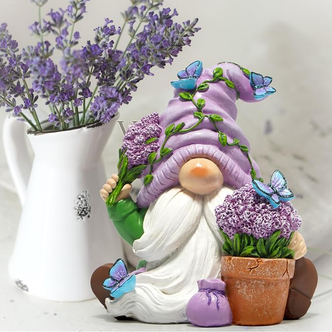 Hodao Spring Gnome Garden Decor with Butterflies and Lavender Flowers, Hand Painted Resin Gnome Figurine for Home Shelf Table Patio Decoration, Gift for Women Mom Garden Lovers