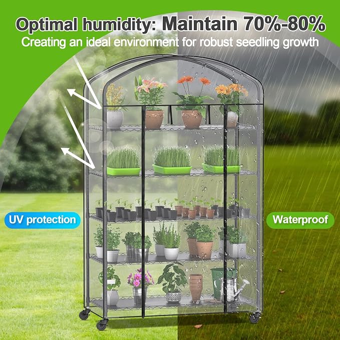 5-Tier Greenhouse with Caster Wheel, Each Shelf Height Adjustable Metal Plant Shelf with PVC Cover for Seed Starting Trays, Seedling Pots, Plant Pots, 21x49x80inch