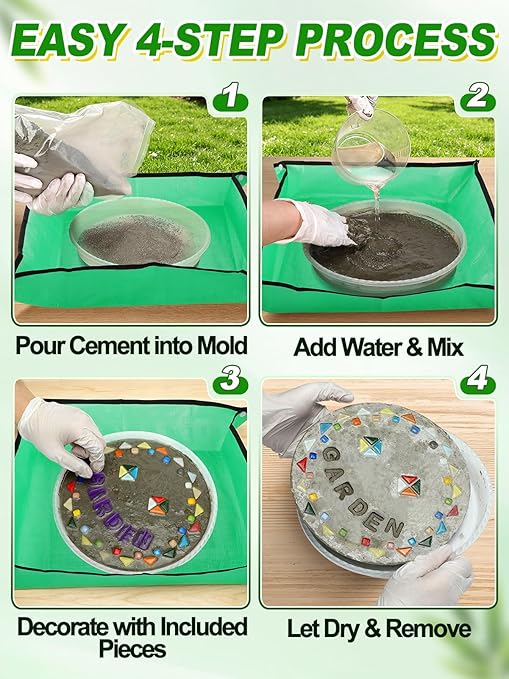 All-in-One 10in Stepping Stone Kit - Includes Cement Mix, Concrete & Letter Molds, Mosaics, Carving Tools, Gloves & Mat, Make Your Own Stepping Stones Outdoor for Garden Walkway Mother's Day
