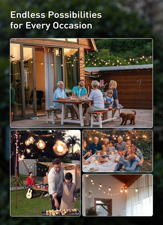 Outdoor String Light 55Feet G40 Globe Patio Lights with 52 Edison Glass Bulbs(2 Spare), Waterproof Connectable Hanging Christmas Lights for Backyard Porch Balcony Party Xmas Decor, E12 Socket, Black