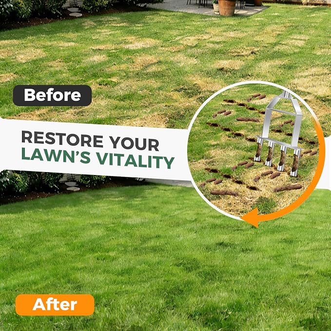 Suntee Lawn Aerator Tool, All Stainless Steel Manual Core Aerator Lawn Tool with 4 Hollow Tines, Adjustable Height Semi-Assembled Heavy Duty Steel Grass Aeration for Lawn Care, Silver