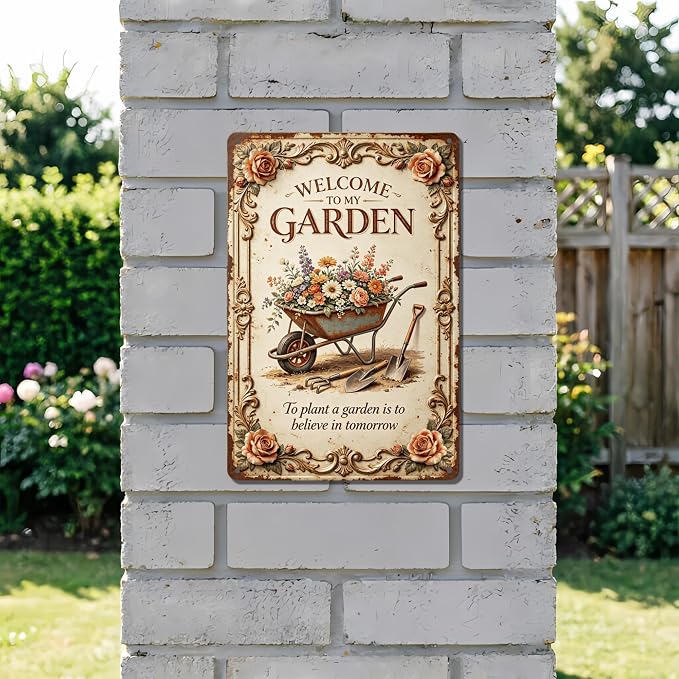2D Flat Funny Garden Signs, Welcome to My Garden Vintage Outdoor Wall Decor for Patio Yard Greenhouse Home, Waterproof Garden Gifts 8x12 Inch