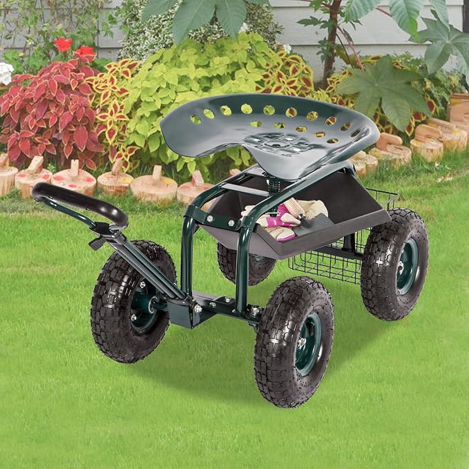 J-Sun-7 Garden Cart with Seat - Steel Rolling Garden Scooter Stool with Wheels, 360 Degree Swivel Work Seat, Adjustable Handle, Tool Tray, Basket, Gardening Stools for Seniors, Green