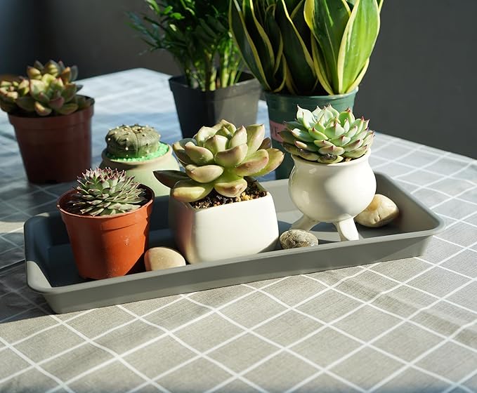 VUWEZ 2 Pack of Plastic Plant Tray Saucer Rectangular 14 inch, Plant Trays Saucers for Indoors Outdoor, Plant Water Drip Tray for Flower Pot Planter, Windowsill Plant Tray (6.8 X 14.5'', Gray)