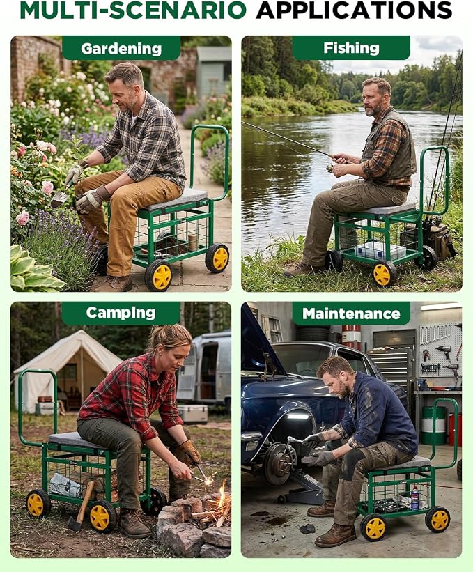Saker Rolling Garden Cart with Seat & Wheels - 15.7'' EVA Padded Rolling Stool, 500 lb Steel Frame, Large Storage Basket - Garden Wagon Workseat for Patio Lawn Yard (Basic Version)