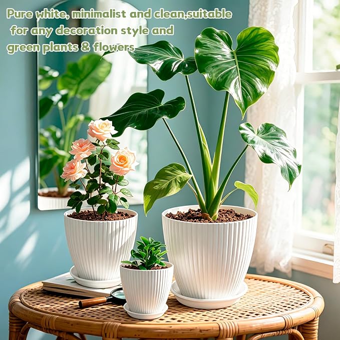 SupKing White Plant Pots with Drainage Saucers 7.5/6.7/6/5/4/3.5 Inch Set of 6,Plastic Flower Pots Planters with Multi Mesh Drainage Holes Nursery Planting Pot for Indoor Outdoor Garden Plants