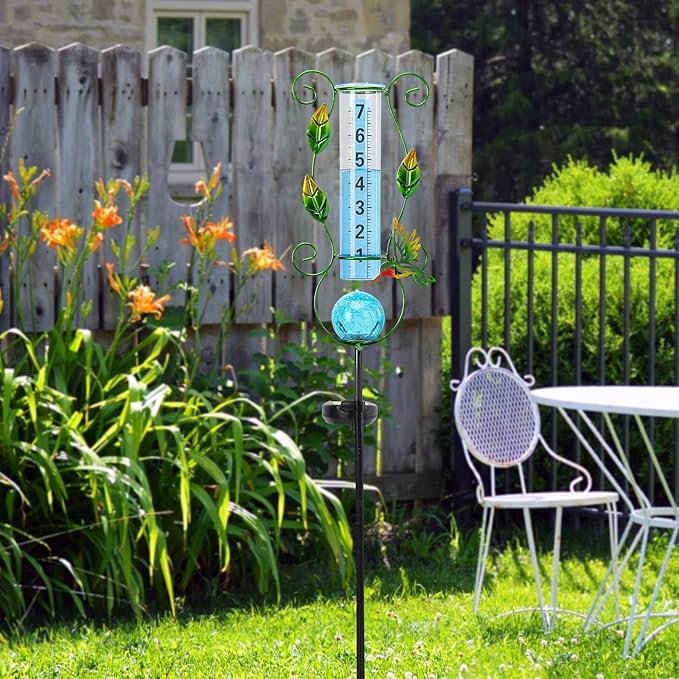 MUMTOP Rain Gauge Outdoor, 36 Inch Large Number Solar Lights Hummingbird Water Gauge for Lawn, Yard and Garden