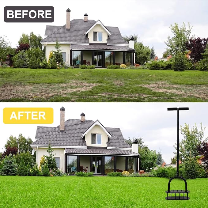 Aerator Lawn Tool, Manual Soil Aerating Lawn with 16 Iron Spikes, Lawn Aerators with Spring Automatic Dirt Clean & 3-Layer Anti-Loosening Design, Pre-Assembled Yard Grass Aerator for Lawn, Garden Tool