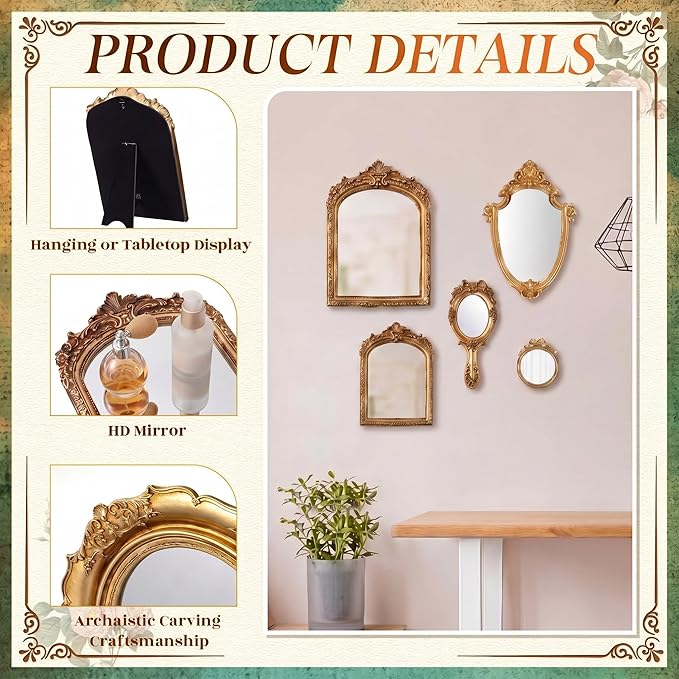 5 Pcs Vintage Gold Mirror Luxury Set Small Gold Mirrors Vintage Gallery Wall Mirror Hanging Antique Art Decor for Wall Living Room Entryway Assorted Sizes(Classic Style,13in/8in/7in/4in)