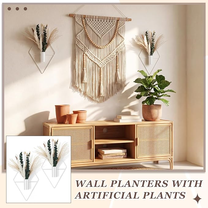Canlierr 4 Pcs White Wall Decor Hanging Planters with Artificial Plants Eucalyptus Pampas Grass Metal Hanging Vase Indoor Plants Holder Modern Boho Wall Art for Bathroom Bedroom Living Room Decor