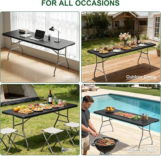 6FT Folding Tables – Heavy Duty Portable Foldable Picnic Table with Built-in Handle, 450 lb Capacity – Ideal for Events, Parties, Crafts, Camping & Dining (10-Pack, Black)