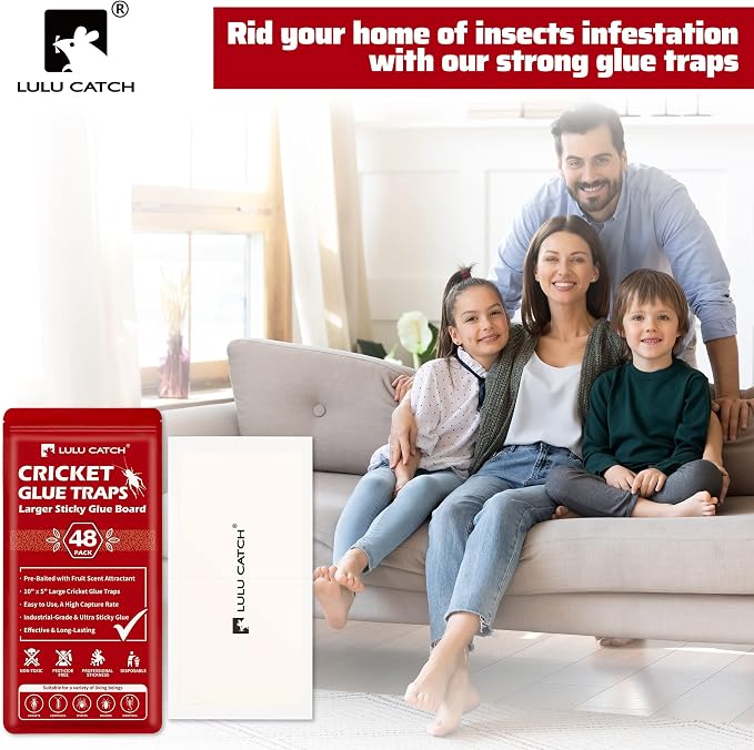 LULUCATCH Cricket Insect Glue Traps - 48 Pack Bug Cockroach Sticky Traps, Large Spider Trap with Pre-Baited Attractant, Highly Effective Glue Boards Indoor, Non-Toxic Pet Safe, Easy to Use