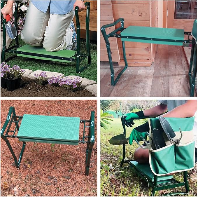 FozsKeylf Garden Kneeler and Seat, Soft EVA Kneeling Pad Stool with Tool Pouch, Heavy Duty Foldable Gardener Stool, Green