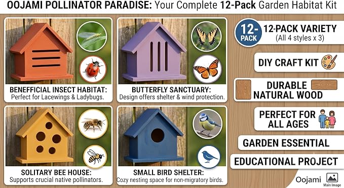 DIY Paintable Craft Kit – 12 Pack Wooden Bird, Bee, Insect & Butterfly Houses for Kids and Adults | 4 Styles, Bulk Set, Outdoor Pollinator Garden Habitat
