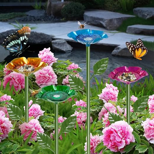 1 Pack Bee Watering Station for Garden, Colorful Metal Flower Bee Bath, Decorative Design Attracts Bees & Butterflies, Easy Install Durable Outdoor Yard Decor