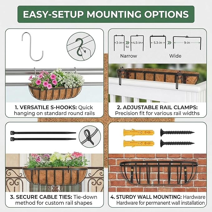 2 Pack 36" Railing Planter Window Box with Coco Fiber Liner Horse Trough Planter The Railing Planter Boxes for Deck Porch Fence Outdoor
