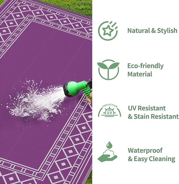 GENIMO Outdoor Rug Waterproof 6'x9' for Patio, Foldable Reversible Plastic Straw Carpet for Travel Trailers, Outside Area Mat for Rv, Deck, Picnic, Porch, Camper, Balcony, Beach, Purple & Grey