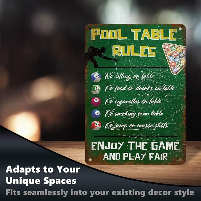 Retro Pool Table Rules Tin Sign Vintage Metal Poster Nostalgic Wall Art Bar Pub Man cave Shop Living Room Bedroom Game Room 16 * 12 In