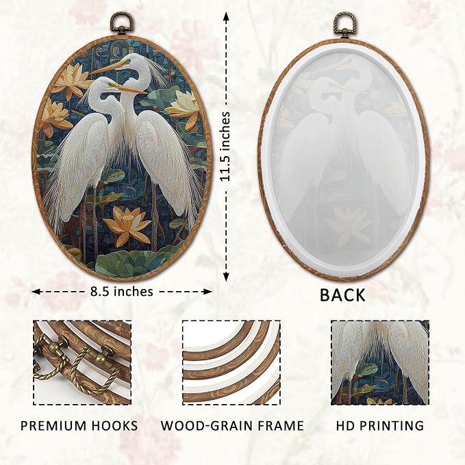 DOFQZ Vintage Chinoiserie Egret Couple Oval Wall Art Decor, Japandi Japanese Crane Egret Framed Wall Art, Spring Waterlily Bird Walls Hanging Decor for Home Bedroom Living Room, 8.5x11.5 Inch