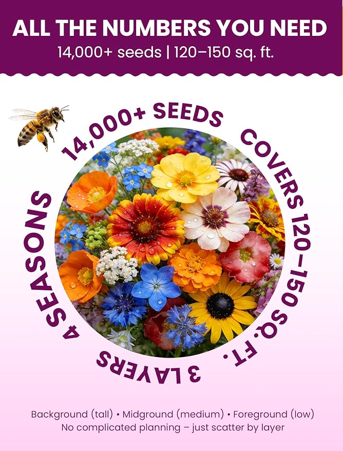 Wild Flower Seeds Throw and Grow, Wildflower Seeds Perennial Flower Seeds to Plant Outside – Color Cascade 30 Heirloom Varieties Mix, 157,500+ Seeds (1LB) Covers 1350-1680 sq.ft., High Germination