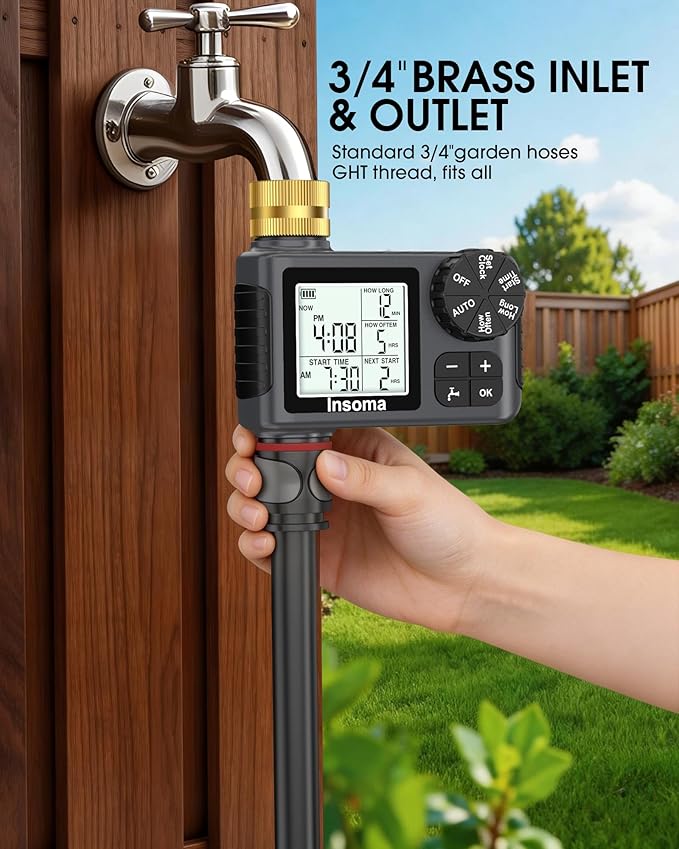 Water Timer for Garden Hose with Brass Inlet, 1 Outlet Sprinkler Timer with Auto/Manual/Rain Delay Mode, Large LCD Display, Easy Programming Hose Timers for Lawn Garden Yard Vacation Watering