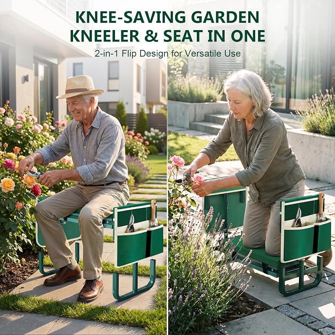 AUROPEAK 2-in-1 Garden Kneeler and Seat, Adjustable Garden Stool with Thickened Pad & Handles, 7-Level Height Adjustment, Foldable 420lbs with 2 Tool Bags for Seniors Gardening Outdoor Use