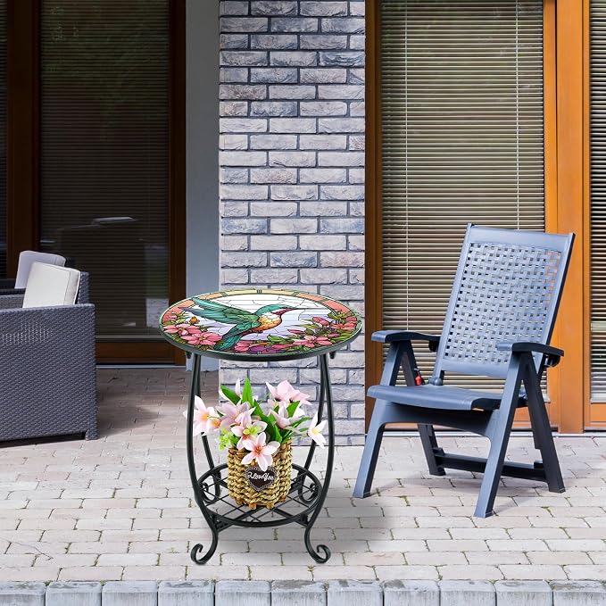 Cinnvoice Outdoor Side Table Round Small Mosaic Patio Accent Indoor End Plant Coffee Tea Table for Yard Patio Porch Garden Living Room, Bedroom(Hummingbird Style,14 Inch)