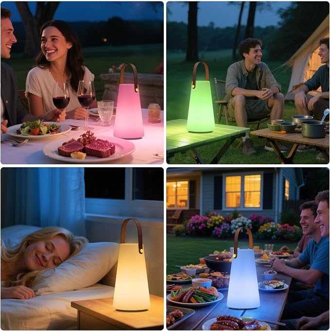 Outdoor Lanterns, GGII Rechargeable Camping Lantern with IP44 Waterproof, Battery Operated Outdoor Portable Cordless Table Lamp with RGB Lights for Patio Balcony Garden (Leather Handle)