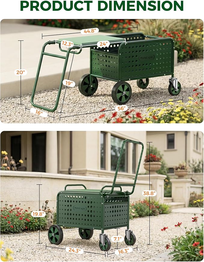 Rolling Garden Work Seat with Wheels, Upgraded Heavy Duty Cart for Seniors with Rotatable 360-Degree Wheels and Extended Handle, Garden Seat with Wheels for Lawn, Patio & Backyard Gardening, Green