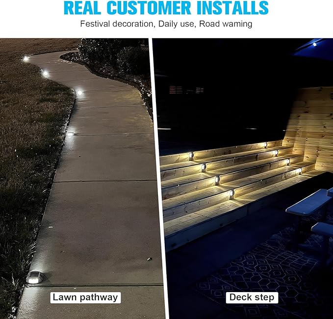 VOLISUN Solar Deck Lights Driveway Dock Lights, 16-Pack Led IP68 Waterproof Outdoor Warning Step Lights for Driveway Sidewalk Garden Pathway Yard(White, Auto On/Off