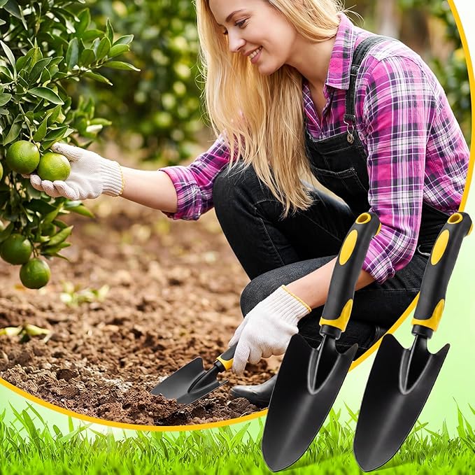 Yaocom 12 Pcs Garden Shovel Aluminum Alloy Heavy Duty Trowel Small Digging Shovels Metal Hand Trowel Spade with Soft Handle for Garden Lawn Yard Planting Tool (Large Shovel,Yellow)