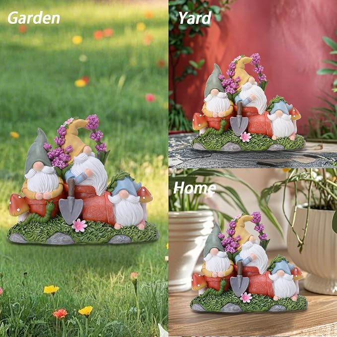 Garden Gnome Statue, Gnomes Figurine on Flower Pot with Floret and Mushrooms, Waterproof Resin Outdoor Decor for Patio Lawn Yard Home Tabletop Decoration