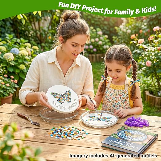 U0U 5PCS Stepping Stone Kit Includes 11.8 inch Round Concrete Molds, Mosaic Tiles and Carving Tools,DIY Garden Stepping Stone kit for Kids,Family,Outdoor Walkways Pavement Decoration(No Concrete Mix)