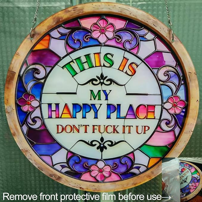 "This Is My Happy Place Don't F It Up" Sign, 11.5 Inch Acrylic Wall Decor, Vibrant Colors Round Garden Sign for Home, Garden, Bar, Farm, Coffee Shop Decor