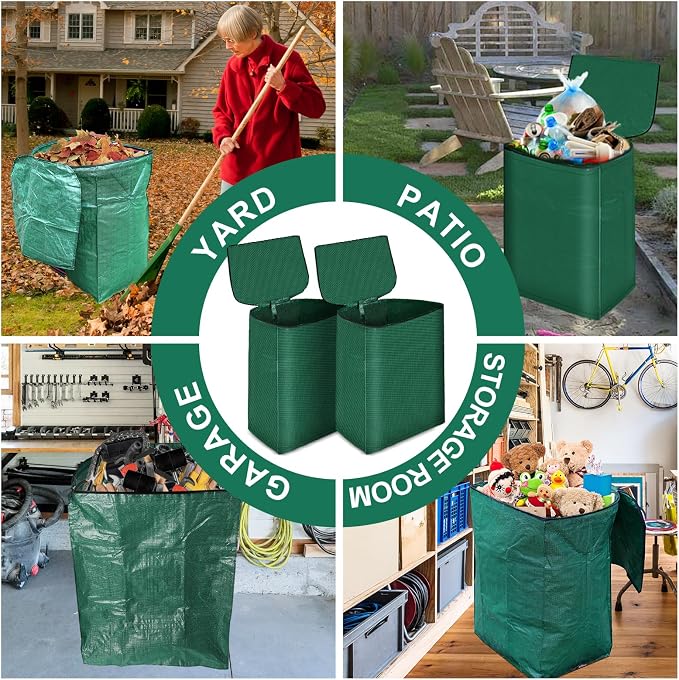 2 Pack 53 Gallons Yard Waste Bags, Reusable Heavy Duty Lawn and Leaf Bags with Lid & Gardening Gloves, Large Dustpan Lawn Bags, Collapsible Garden Waste Container for Leaves Grass Clippings Debris