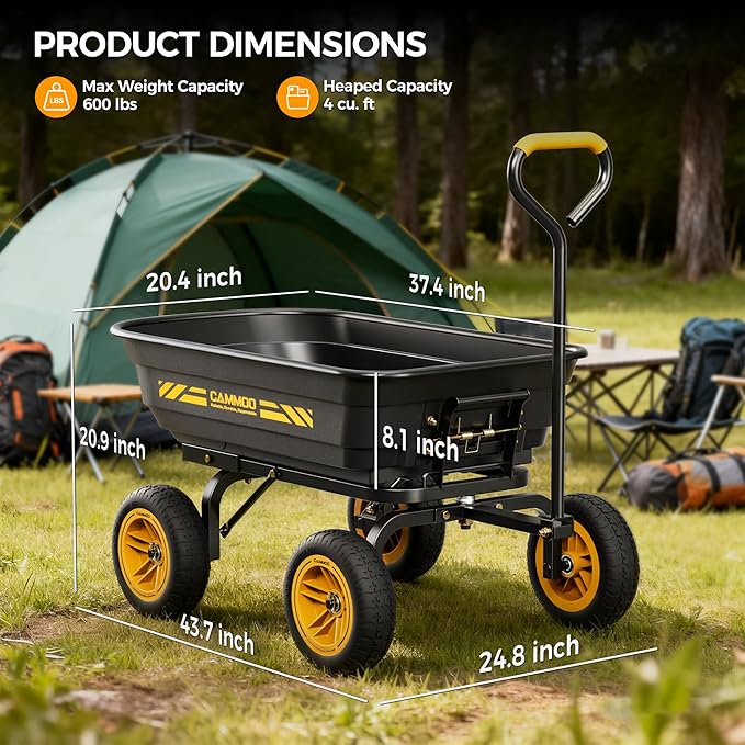 CAMMOO 10-in NO-FLAT TIRES 600lb Heavy-Duty Garden Dump Cart 4 Cu.Ft. Utility Wagon with Quick-Release Dumping & Prime Grade 100% Virgin Polypropylene - Not Recycled Material for Landscaping Gardening