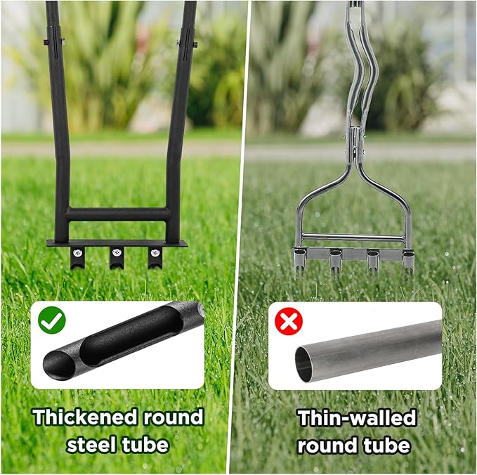 Manual Lawn Coring Aerator Tool with 3 Replaceable Hollow Tines, U-Shaped Non-Slip Handle & Foot Pedal for Garden and Yard Aeration