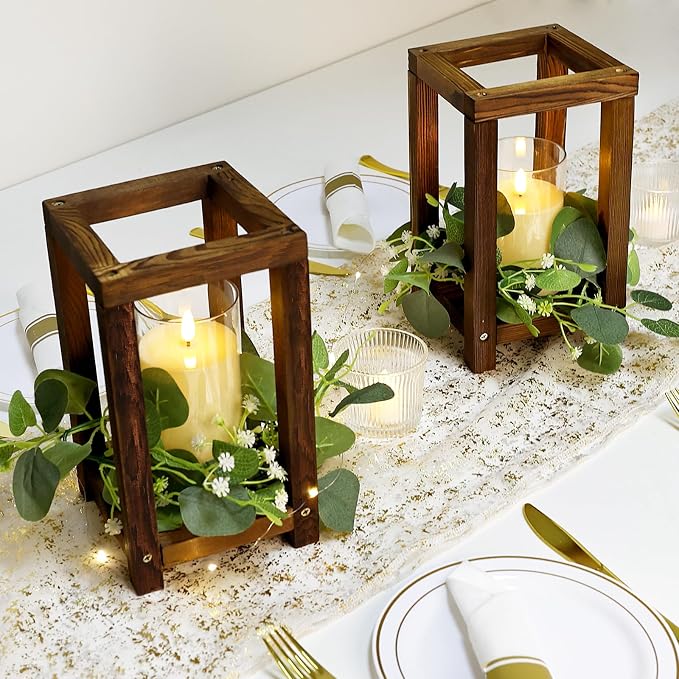 18 Pcs Wooden Lantern Centerpiece - Wedding Lantern with Eucalyptus Candles Wreaths LED Flameless Candles Rustic for Country Wedding Party Farmhouse Table Decor