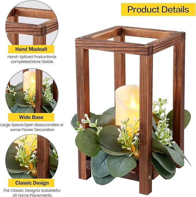42 Pcs /14 Set Wooden Wedding Lantern Centerpiece-Wooden Candle Lantern Bulk Includes 14 Farmhouse Wooden Candle Holder 14 Flameless LED Candles 14 Eucalyptus Leaves Wreath for Decoration