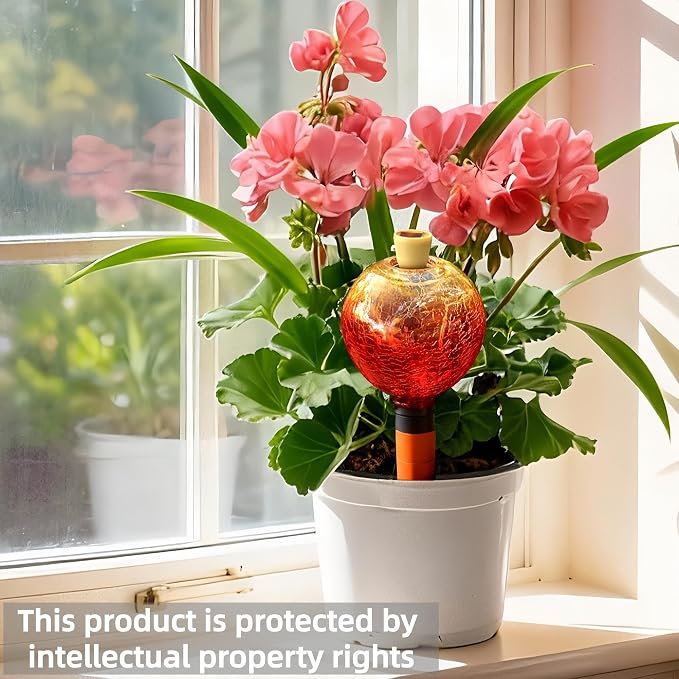 SAVENNA Crackle Glass Plant Watering Globe with Terracotta Spike,Self-Watering Irrigation for Potted Plants, with Solar Accent Light for Indoor & Outdoor Décor, 17oz, Gold–Red Gradient