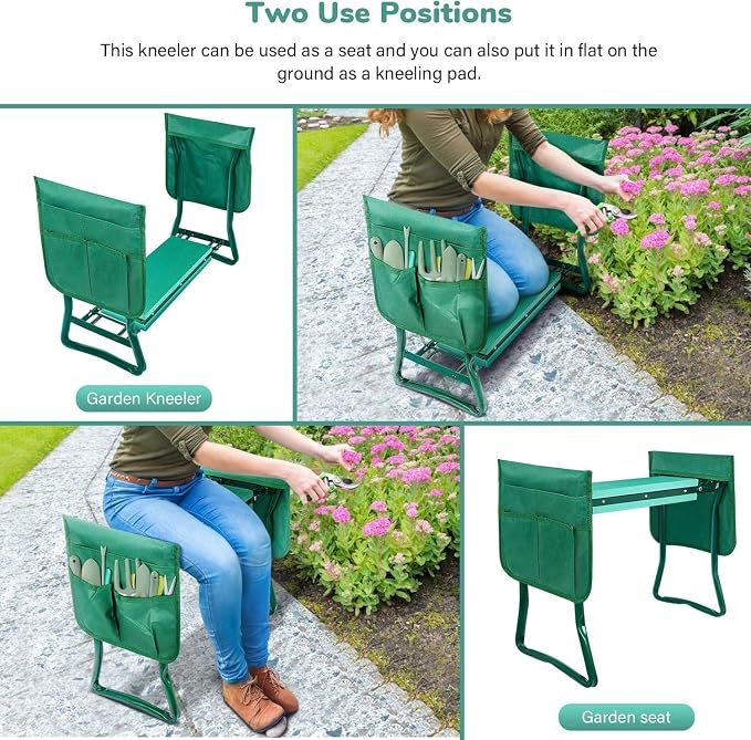YSSOA New Garden Kneeler and Seat, Foldable Kneeling Bench, Hold Up to 330lb, with Sturdy Soft EVA Foam Pad and 2 Tool Pouch for Gardening, Fishing, Camping, Green