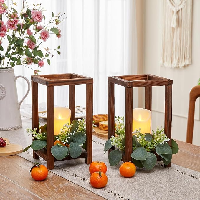 36 Pcs /12 Set Wooden Wedding Lantern Centerpiece-Wooden Candle Lantern Bulk Includes 12 Farmhouse Wooden Candle Holder 12 Flameless LED Candles 12 Eucalyptus Leaves Wreath for Decoration