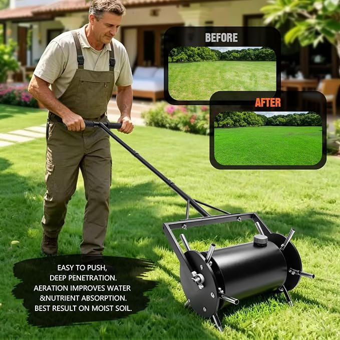 Double-Row Rolling Lawn Aerator, Manual Yard core-Removing Tool,Hollow Tine Lawn Aerator,Push-Type Rolling Rotary Aerator for compacted Garden Soil.