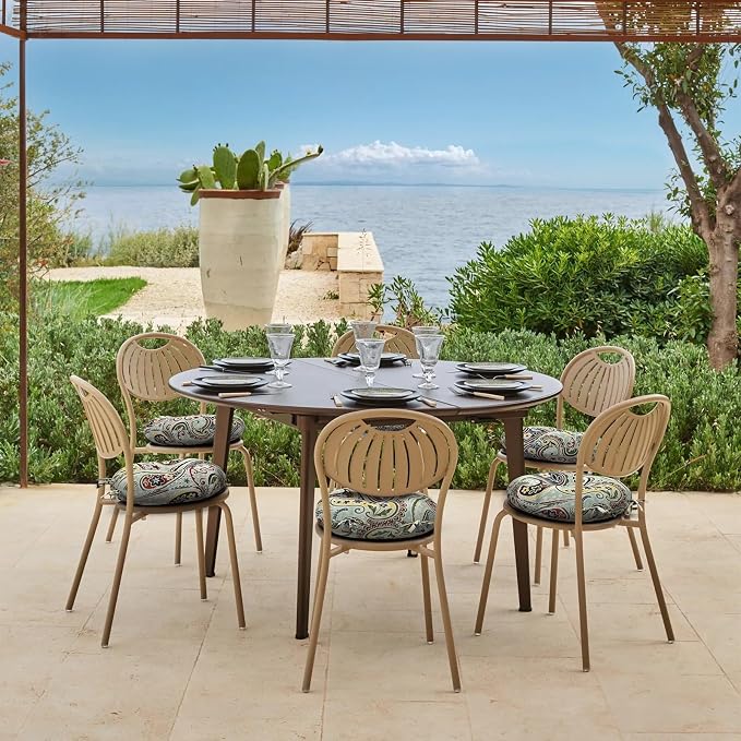 DYTXIII Set of 2 Outdoor Round Chair Cushions 15"x15"x4" with Ties, Water Repellent Tufted Bistro Seat Cushions, Thick Patio Chair Pads for Bar Stool, Garden & Dining Furniture - Paisley Lightcyan