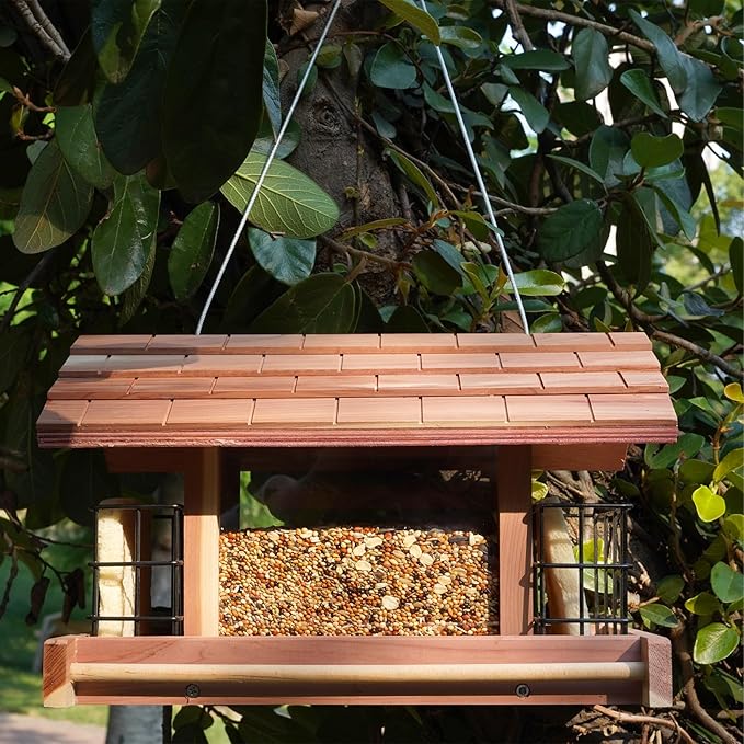 Wooden Bird Feeder for Outdoors Hanging Mount Large Capacity, Red Cedar Garden Roof Feeder with 2 Suet Cages, Cardinal Bluebird Birdfeeder for Garden Decoration Yard, Weatherproof Durable
