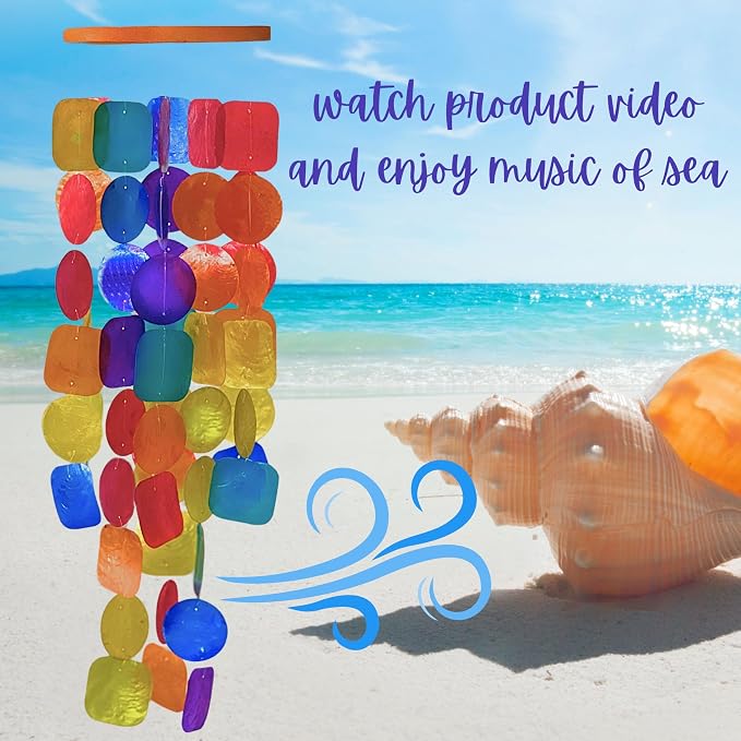 Bellaa 27918 Wind Chimes Outdoor, Garden Decorations, Musical, Indoor/Outside Windchimes, Beach, Ocean Breeze, Gifts for Mom, Gift for All Occasions, Capiz Sea Glass Shells Wood Blue 27 inch