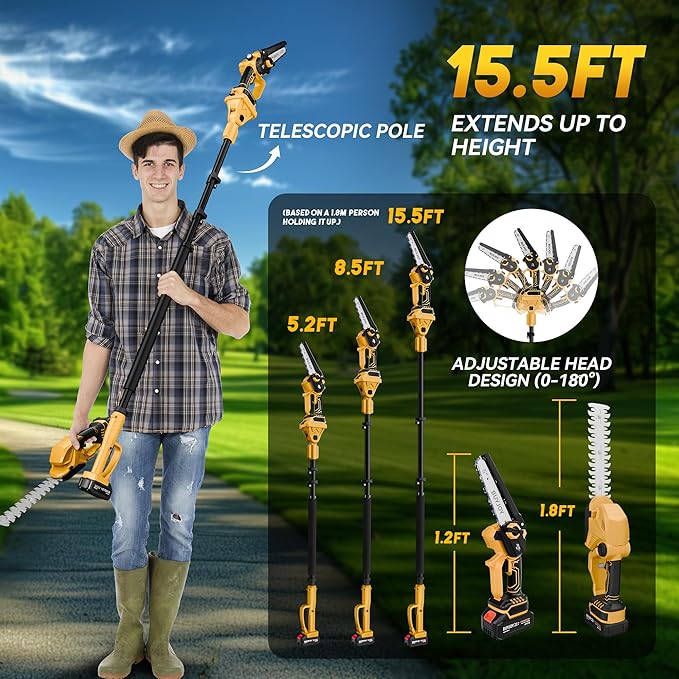 6-in-1 Pole Saw & Cordless Hedge Trimmer Combo Kit,Electric Grass Trimmer,Mini Chainsaw with 2×4.0 Ah Battery,Dual-Action Blade,Brushless Motor,8.5 ft Max Reach,for Tree Trimming/Garden/Lawn (Yellow)