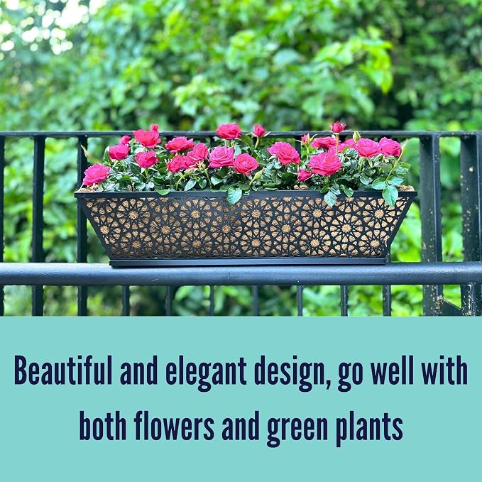 LaLaGreen Window Boxes Planters for Outdoor Plants (24 Inch, 2 Pack) Large Fence Hanging Planter Metal Deck Railing Flower Box with Coco Liner, Trendy Horse Troughs Balcony Pots Patio Porch Over Rail