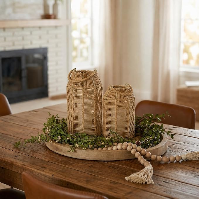 Natural Jute Boho Lanterns - Handcrafted Coffee Table Decor to Enhance Your Home - Modern Decorative Farmhouse Beauty for Living Room, Patio & Front Porch, Indoor and Outdoor or Kitchen Dining Table